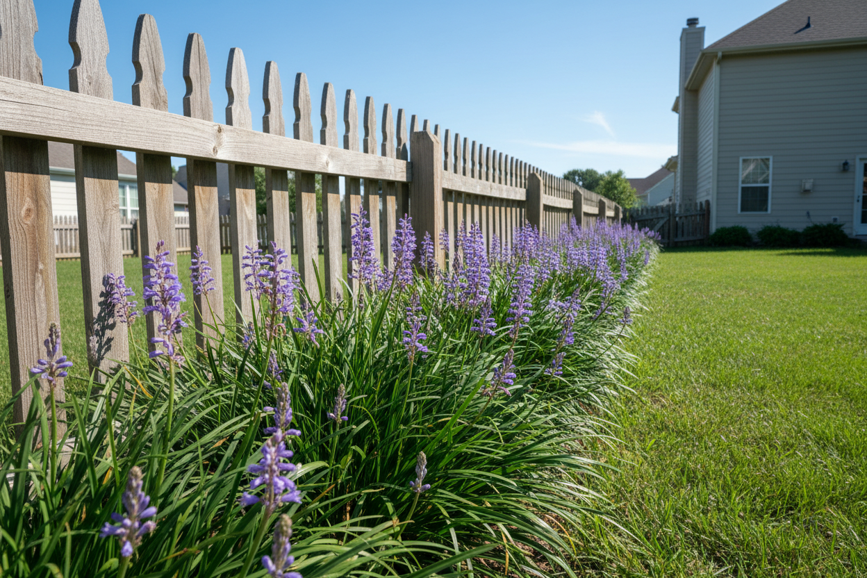 Liriope muscari 'Big Blue' Lilyturf perennial plants, as border along a fence, sunny day, suburban setting,