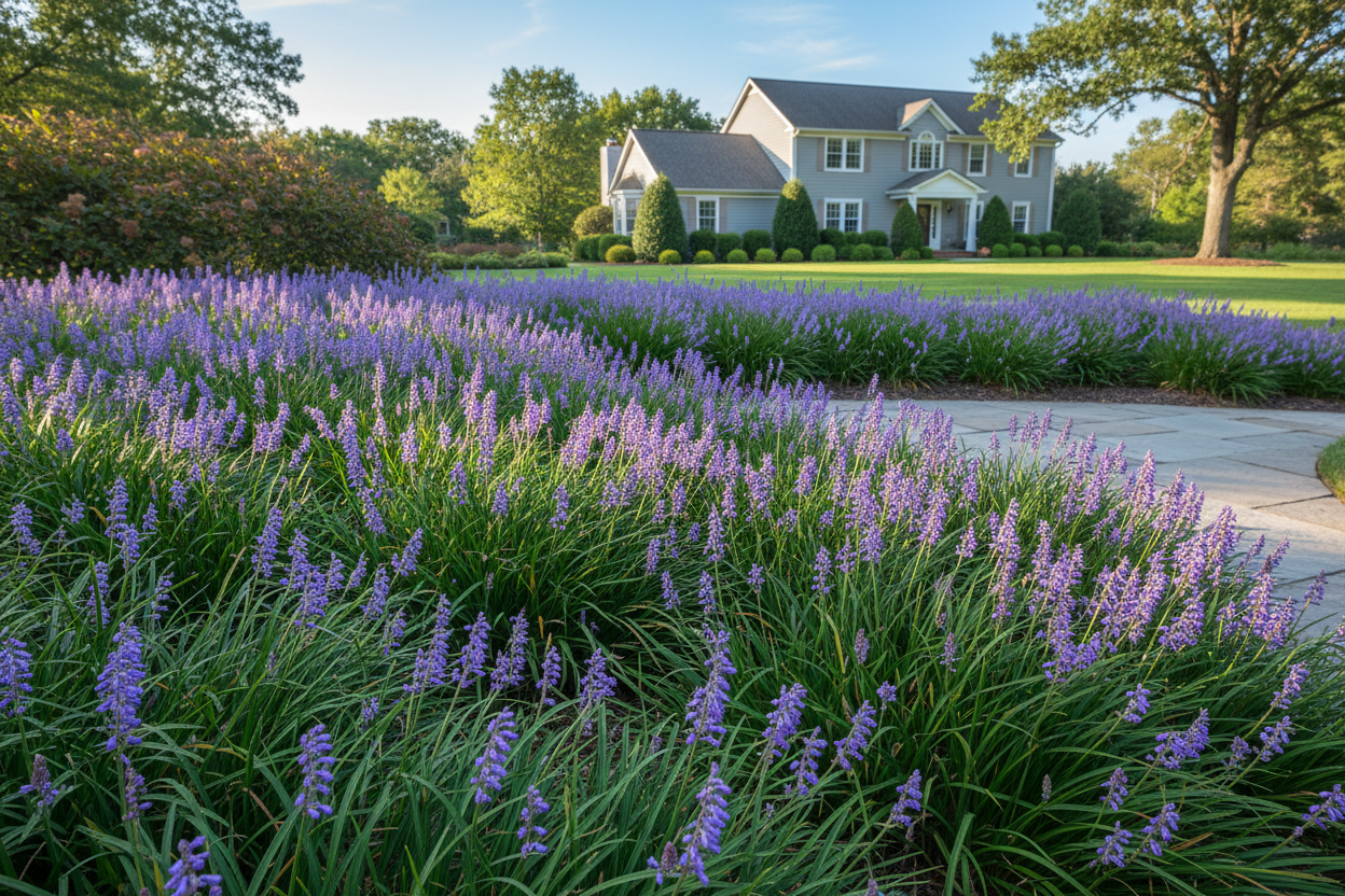 Liriope muscari 'Big Blue' Lilyturf perennial plants, as border, sunny day, suburban setting,