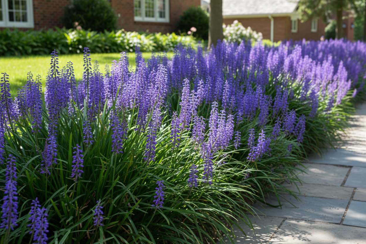 Liriope muscari 'Big Blue' Lilyturf perennial plants, as border, sunny day, 