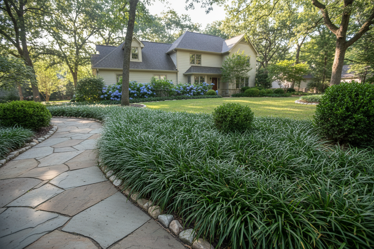 Liriope spicata Creeping lilyturf - Monkey grass perennial plants, landscaped suburban setting,