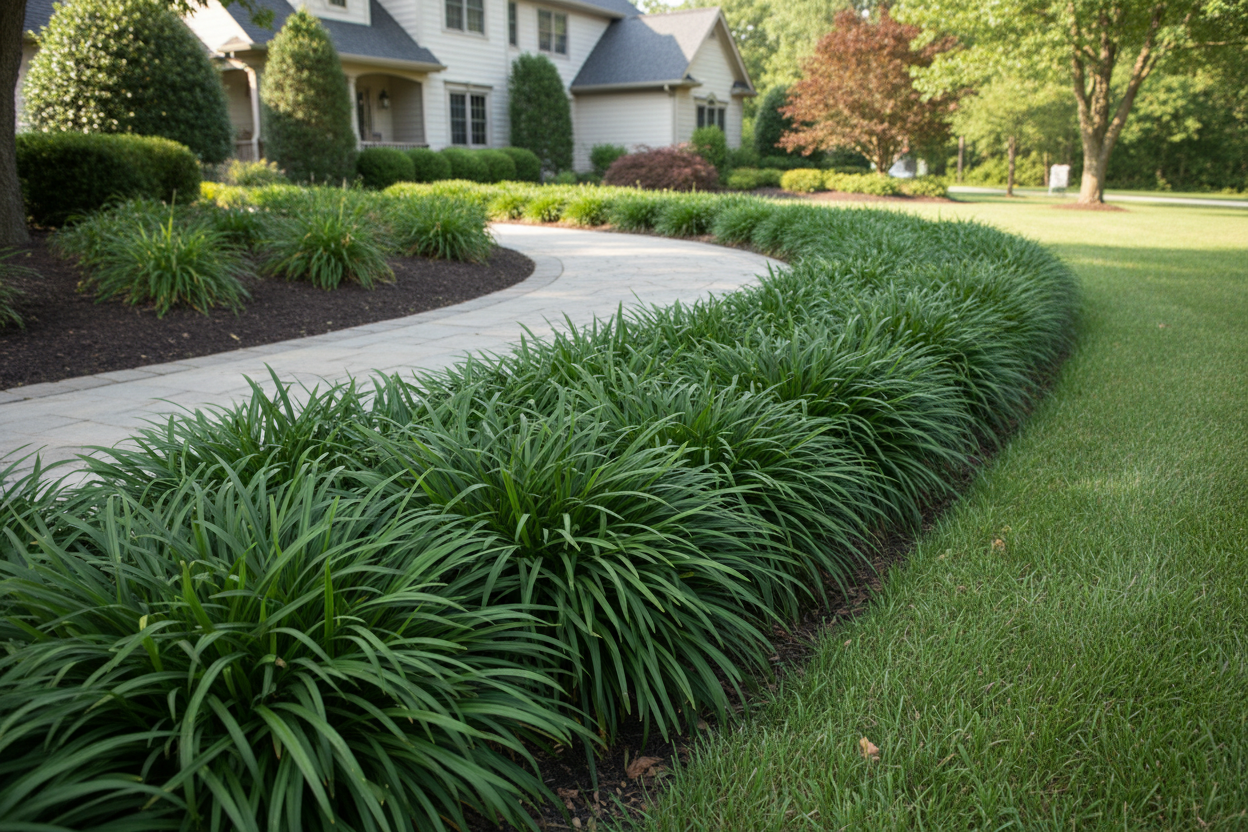 Liriope spicata Creeping lilyturf - Monkey grass perennial plants, suburban setting,