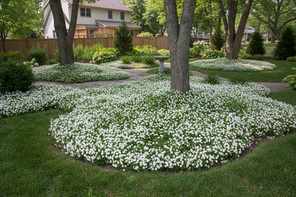 Mazus 'Alba' (white) short groundcover perennial plants, suburban setting, planted in hard to mow areas and borders,