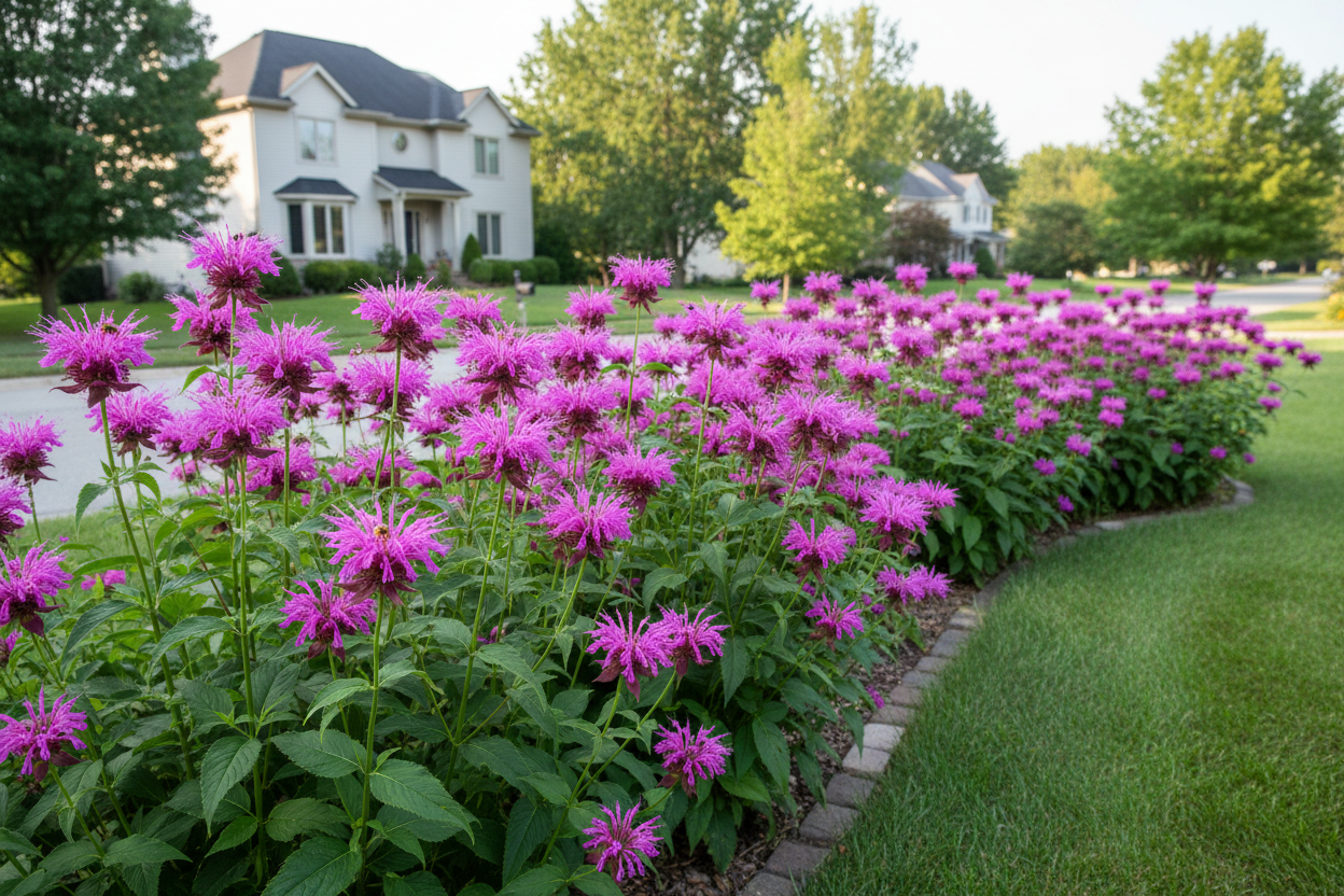 Monarda 'Purple Rooster' Bee Balm, Bergamot perennial plants as a border, suburban setting,