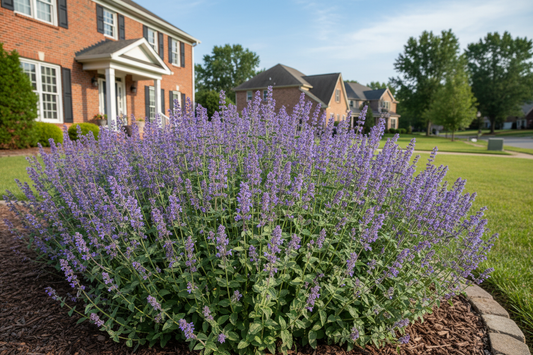 nepeta 'blue wonder' catmint perennial plants, suburban neighborhood