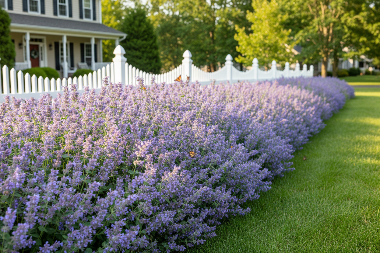nepeta 'blue wonder' perennial plants, as border, suburban neighborhood