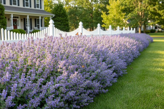 nepeta 'blue wonder' perennial plants, as border, suburban neighborhood