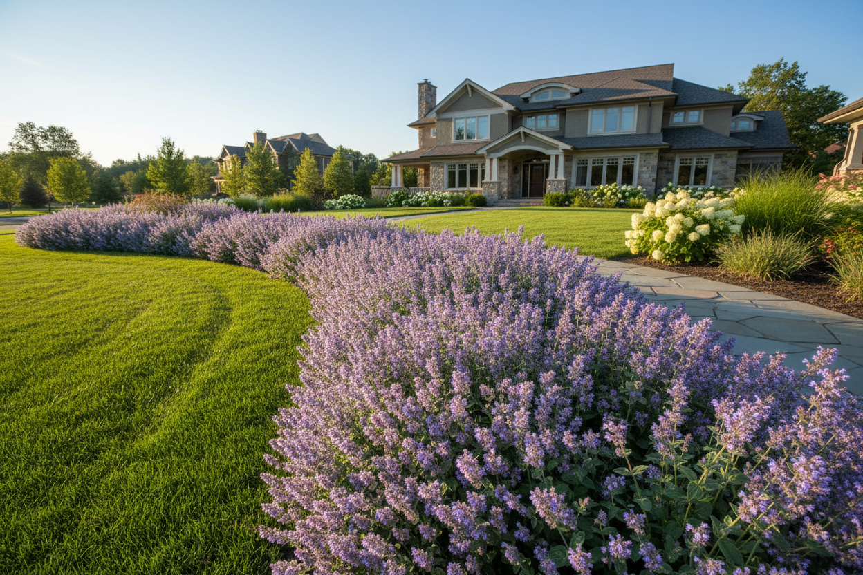 Nepeta 'Early Bird' Catmint perennial plants as a border, upscale suburban setting, sunny day,