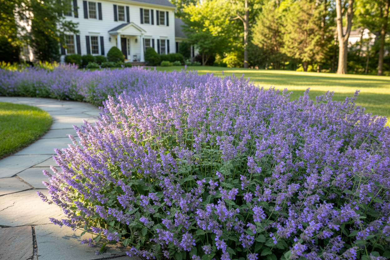 Nepeta faassenii 'Walker's Low' Catmint perennial plants, as a border, sunny suburban setting,
