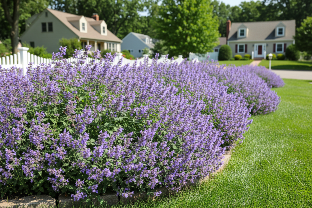 Nepeta faassenii 'Walker's Low' Catmint perennial plants, sunny suburban setting,