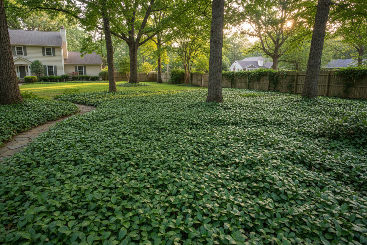 Pachysandra terminalis 'Green Carpet' perennial ground cover plants, suburban setting