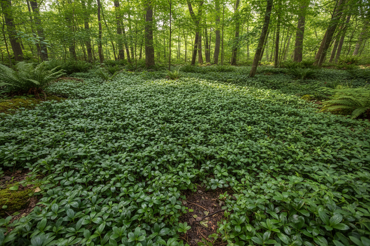 Pachysandra terminalis 'Green Carpet' perennial ground cover plants, woodland setting