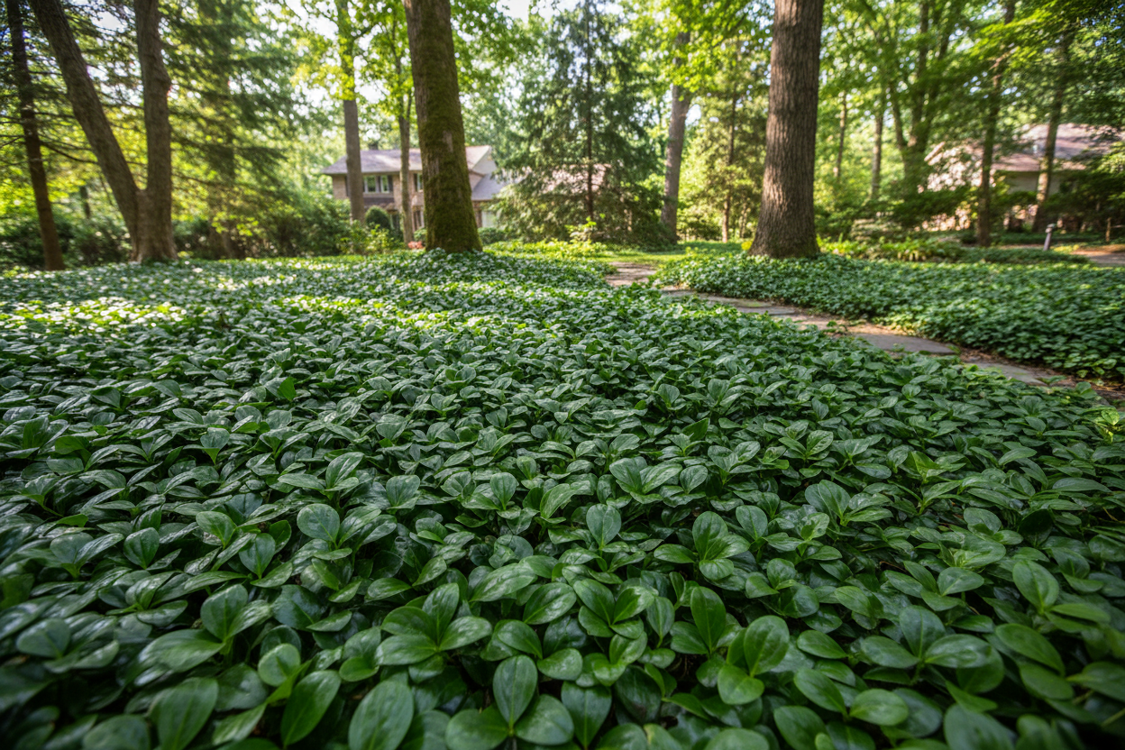 Pachysandra terminalis 'Green Carpet' perennial ground cover plants, woodland suburban setting