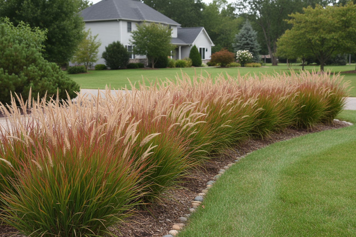Panicum 'Shenandoah' perennial plants, as a border, suburban setting,