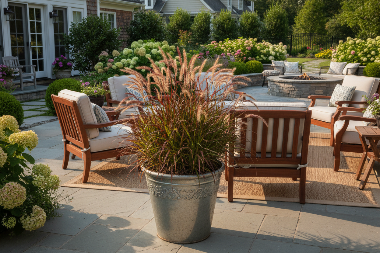 Panicum 'Shenandoah' perennial plants, in a pot on a patio, upscale suburban setting,