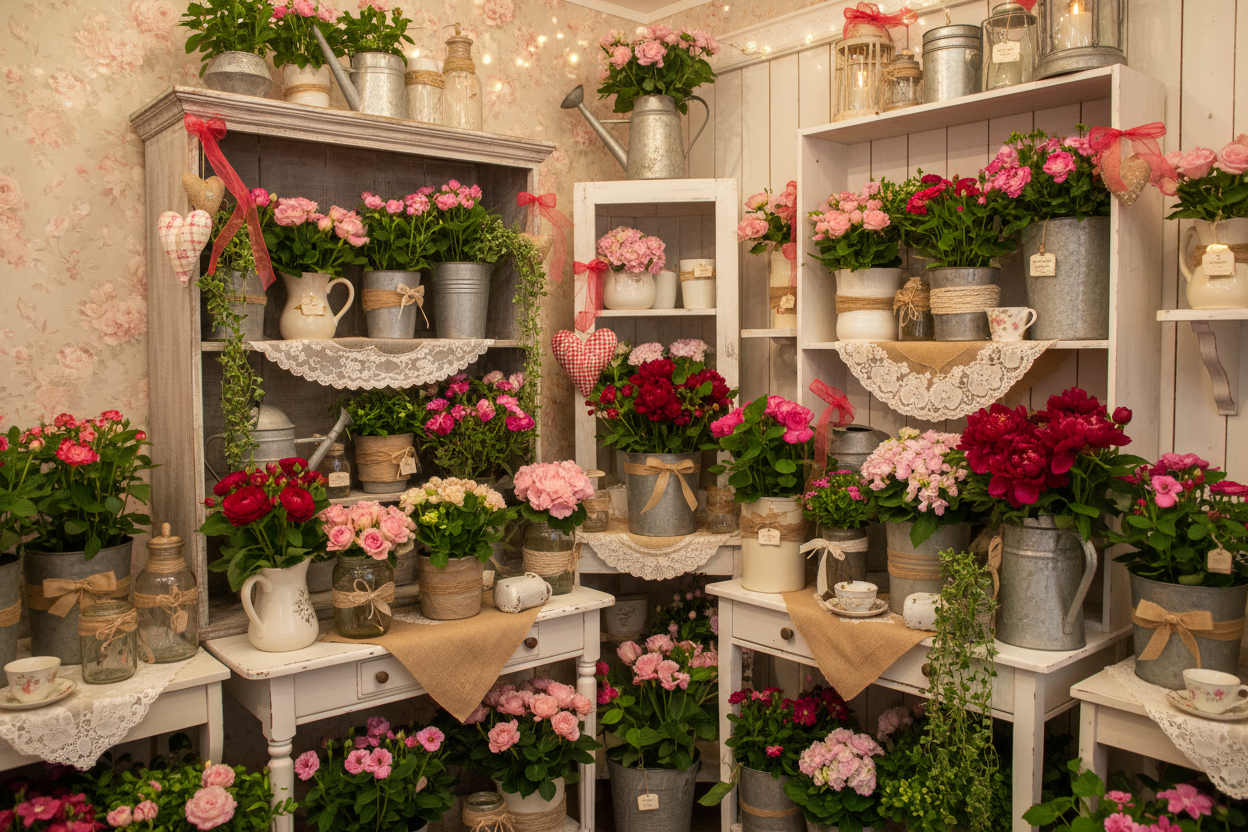 Perennial flower shop, country/vintage theme on Valentine's Day, no signs,