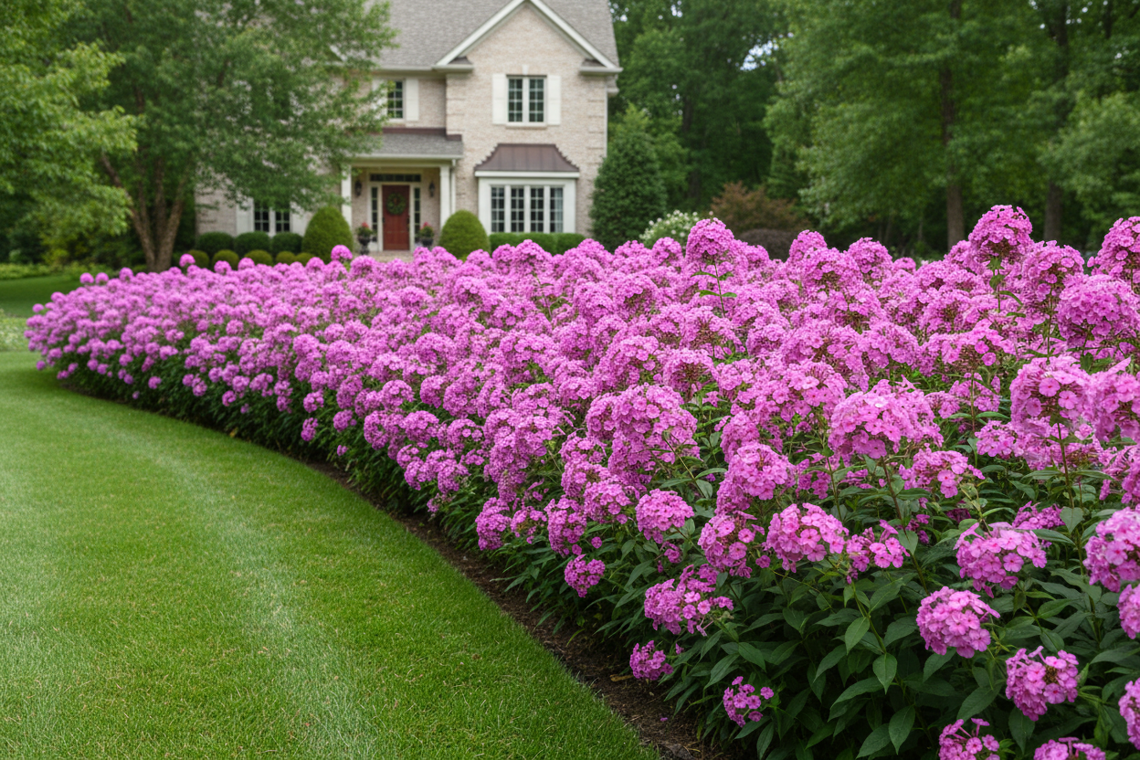 Phlox paniculata 'Laura' perennial plants, as a border, suburban setting,