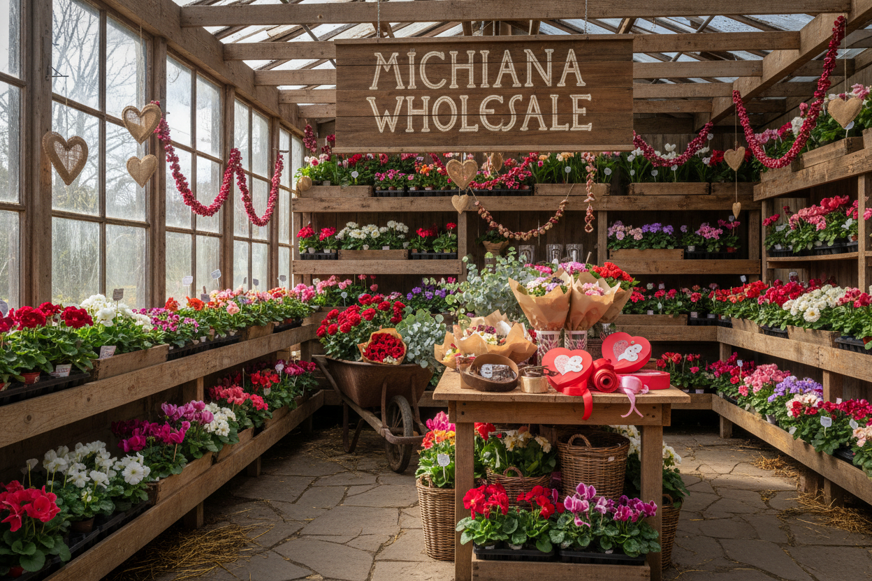 Realistic rustic flower shop, colorful perennial plants In Flats, Valentine's theme, sign says "Michiana Wholesale"