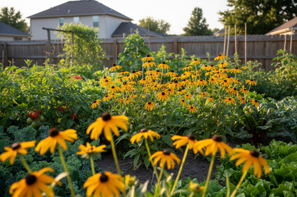 Rudbeckia 'Goldsturm' Black-Eyed Susan perennial plants, in a vegetable garden, sunny suburban setting,