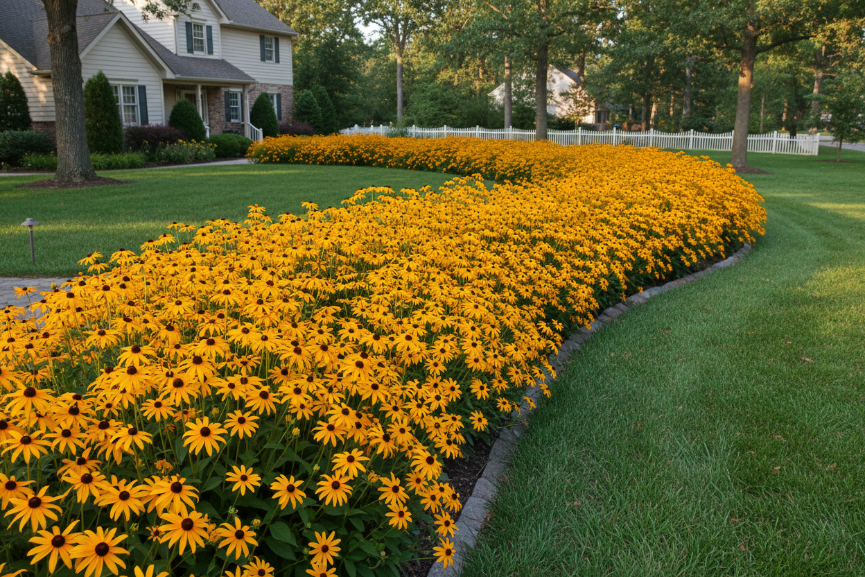 Rudbeckia 'Goldsturm' Black-Eyed Susan perennial plats, as a border, suburban setting,