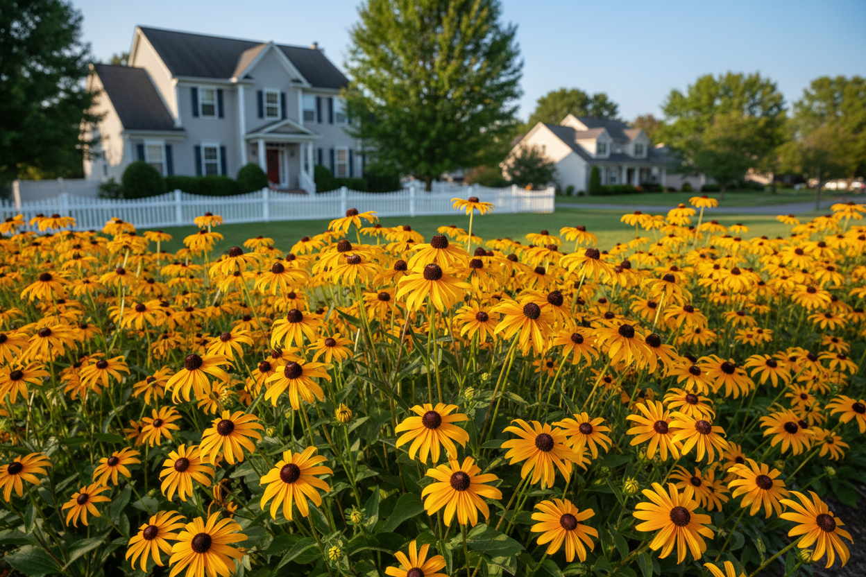 Rudbeckia 'Summerblaze' perennial plants, suburban setting