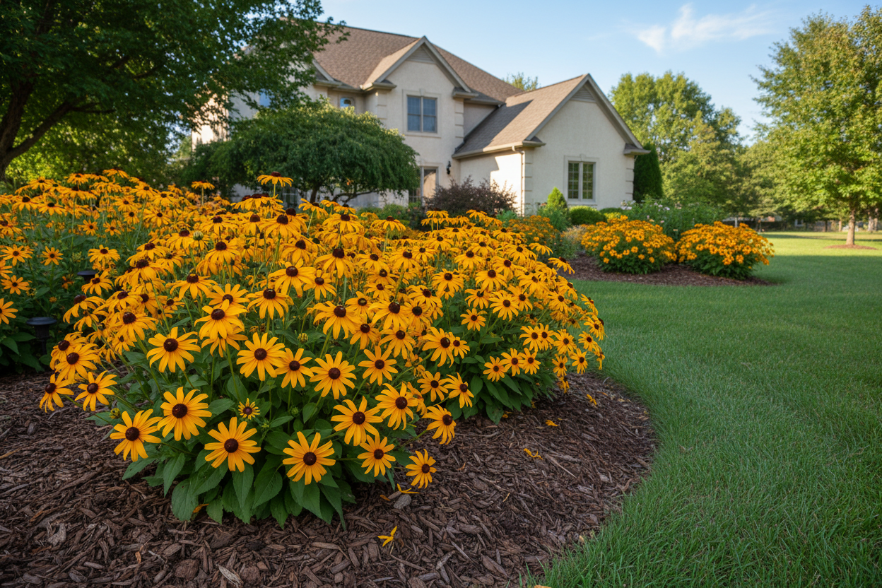 Rudbeckia 'Viette's Little Suzy' perennial plants, suburban setting