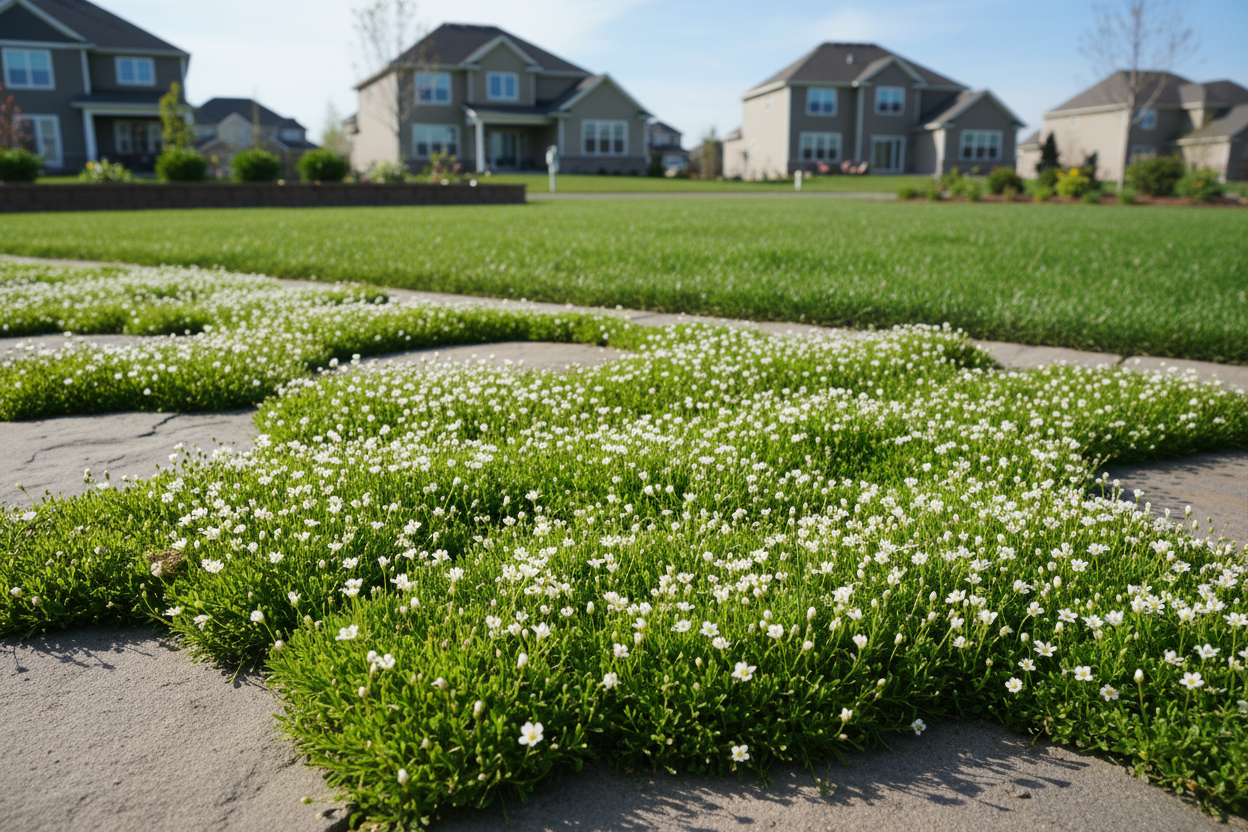 Sagina 'Irish Moss' perennials plants, suburban setting,