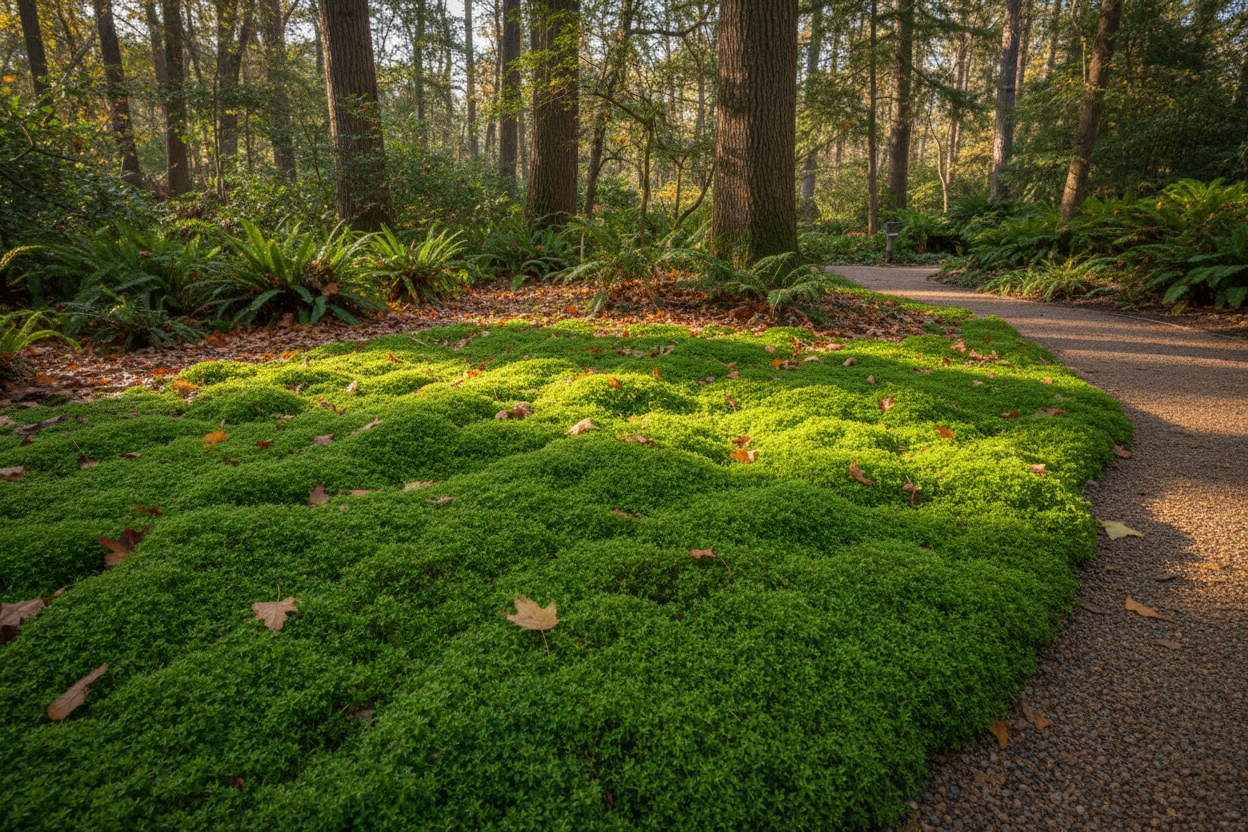 Sagina 'Irish Moss' perennials plants, woodland setting, as a border