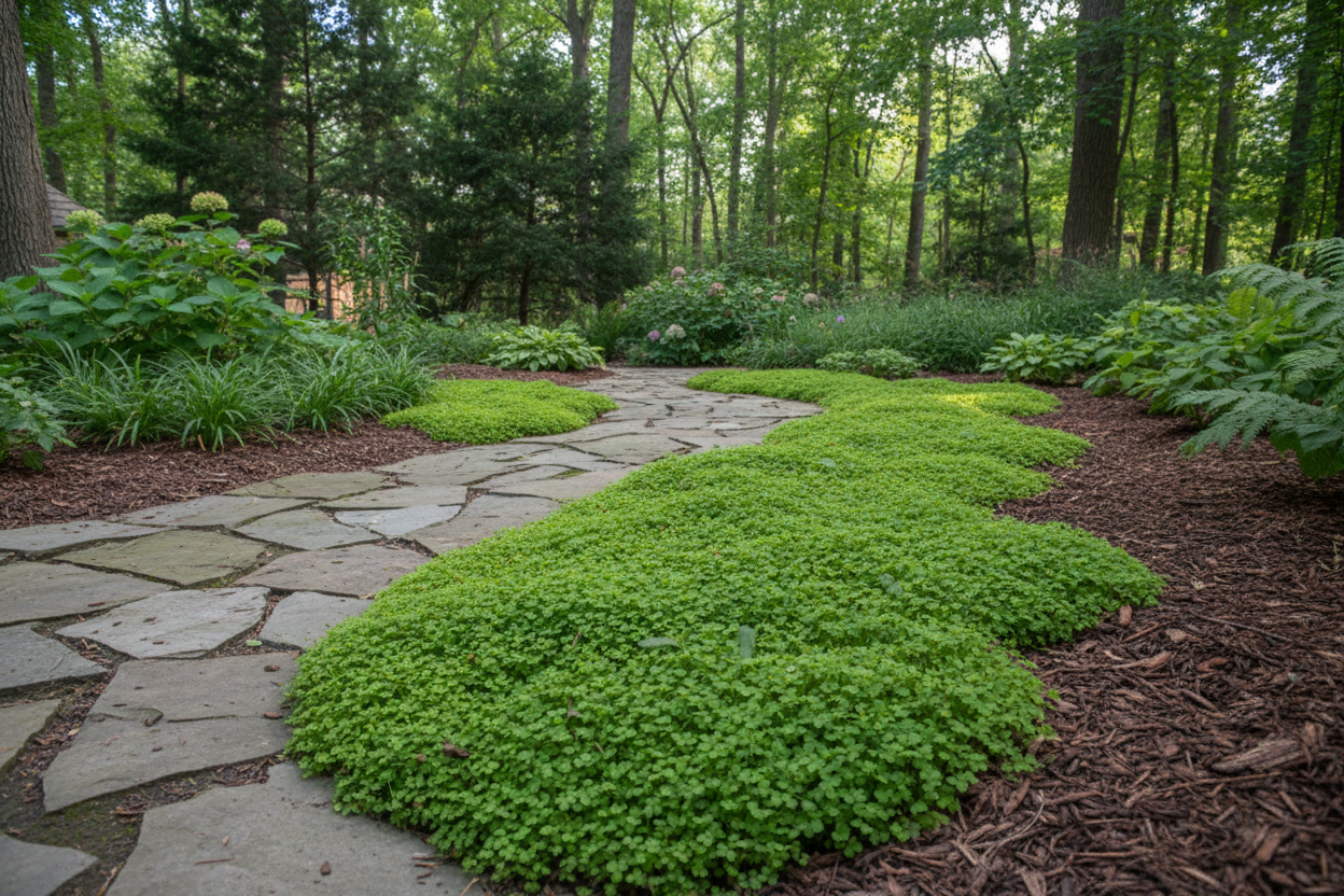 Sagina 'Scotch' Moss perennial plants, suburban setting, woodland border path