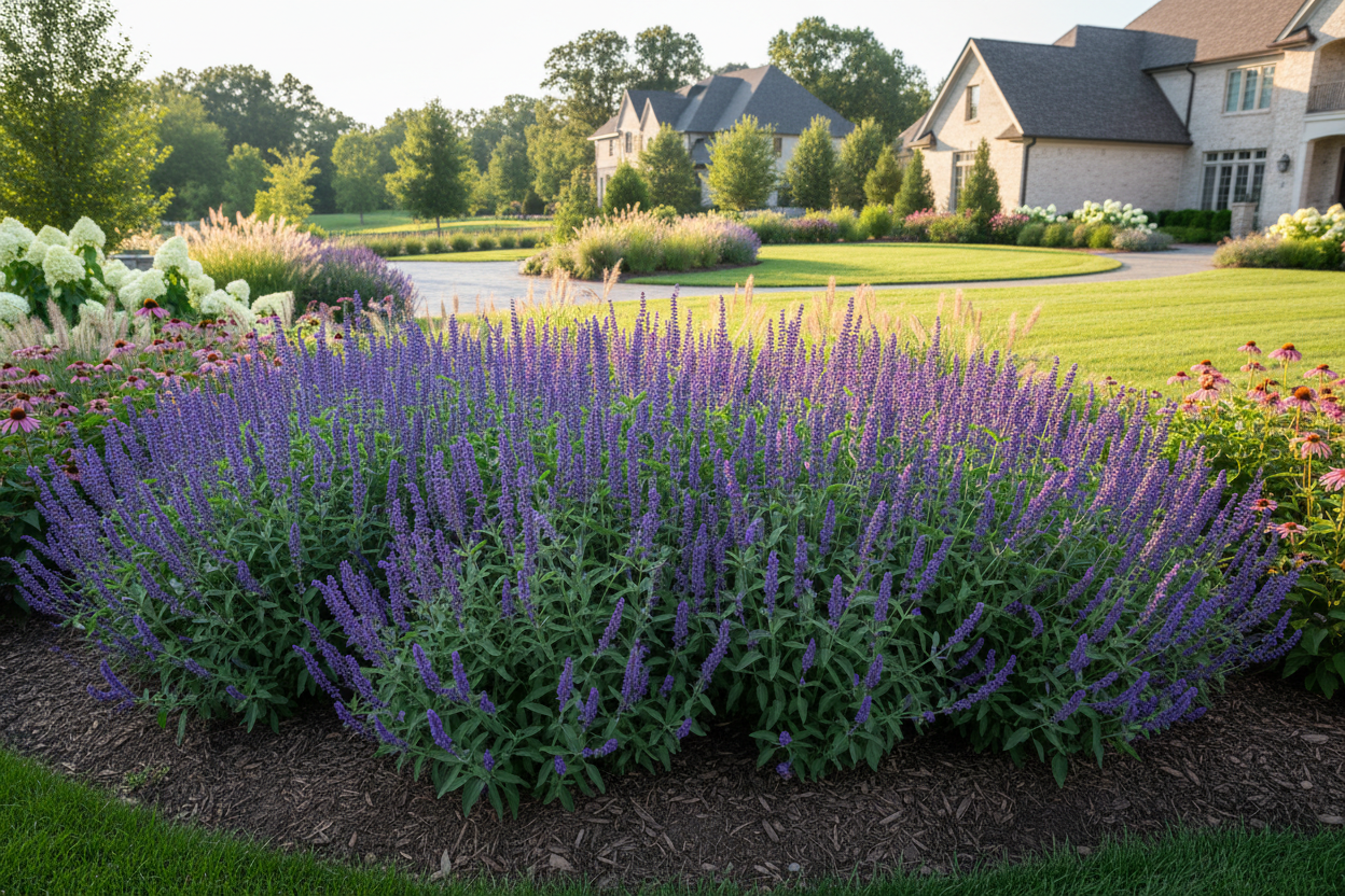 Salvia 'blue by you' perennial plants, upscale suburban garden