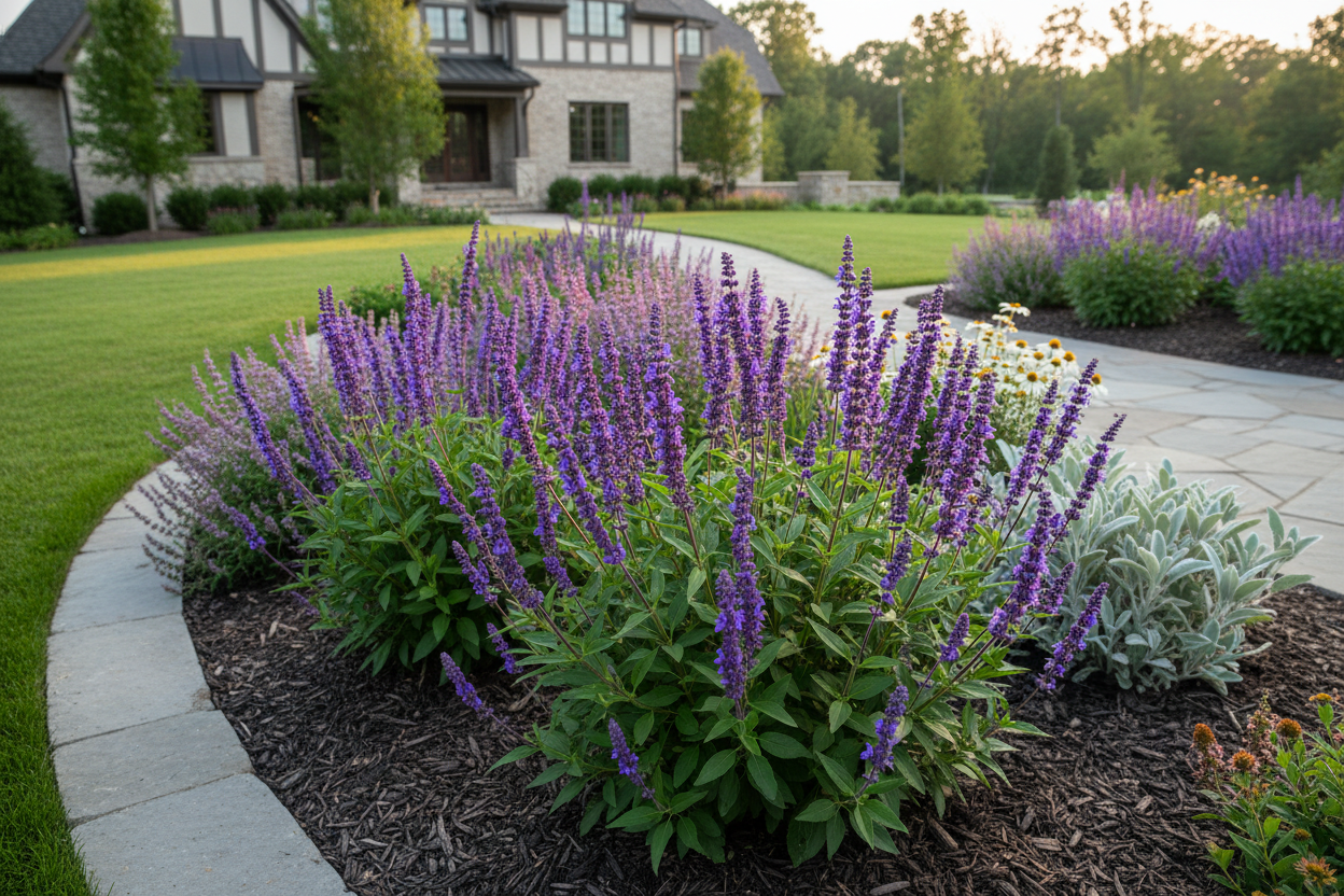 Salvia 'blue by you' perennial plants, upscale suburban garden