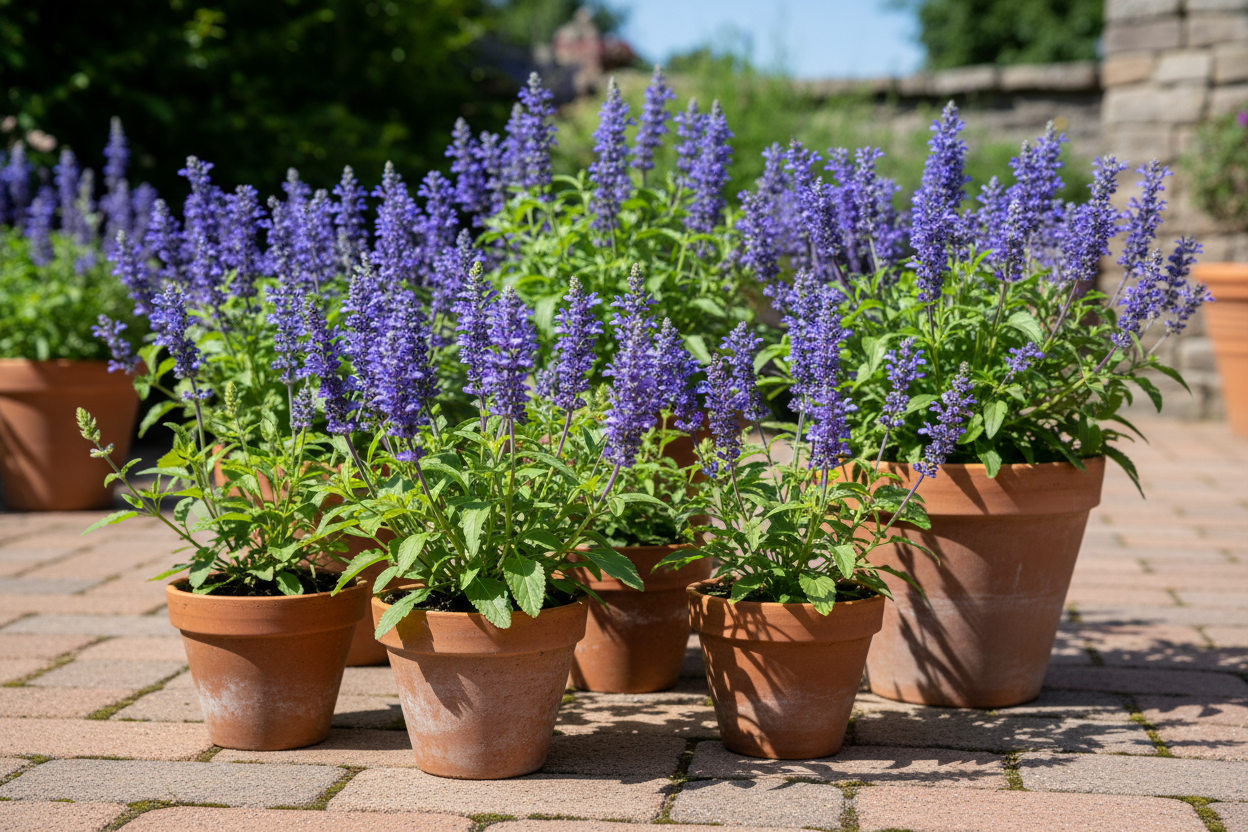 Salvia 'blue by you' young perennial plants, potted on a patio, 