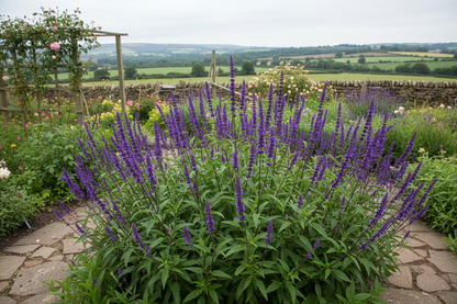 Salvia 'Caradonna' perennial plants, rural garden setting,
