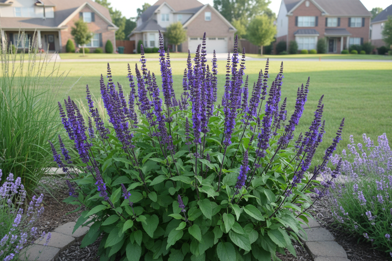 Salvia 'Caradonna' perennial plants, suburban setting,