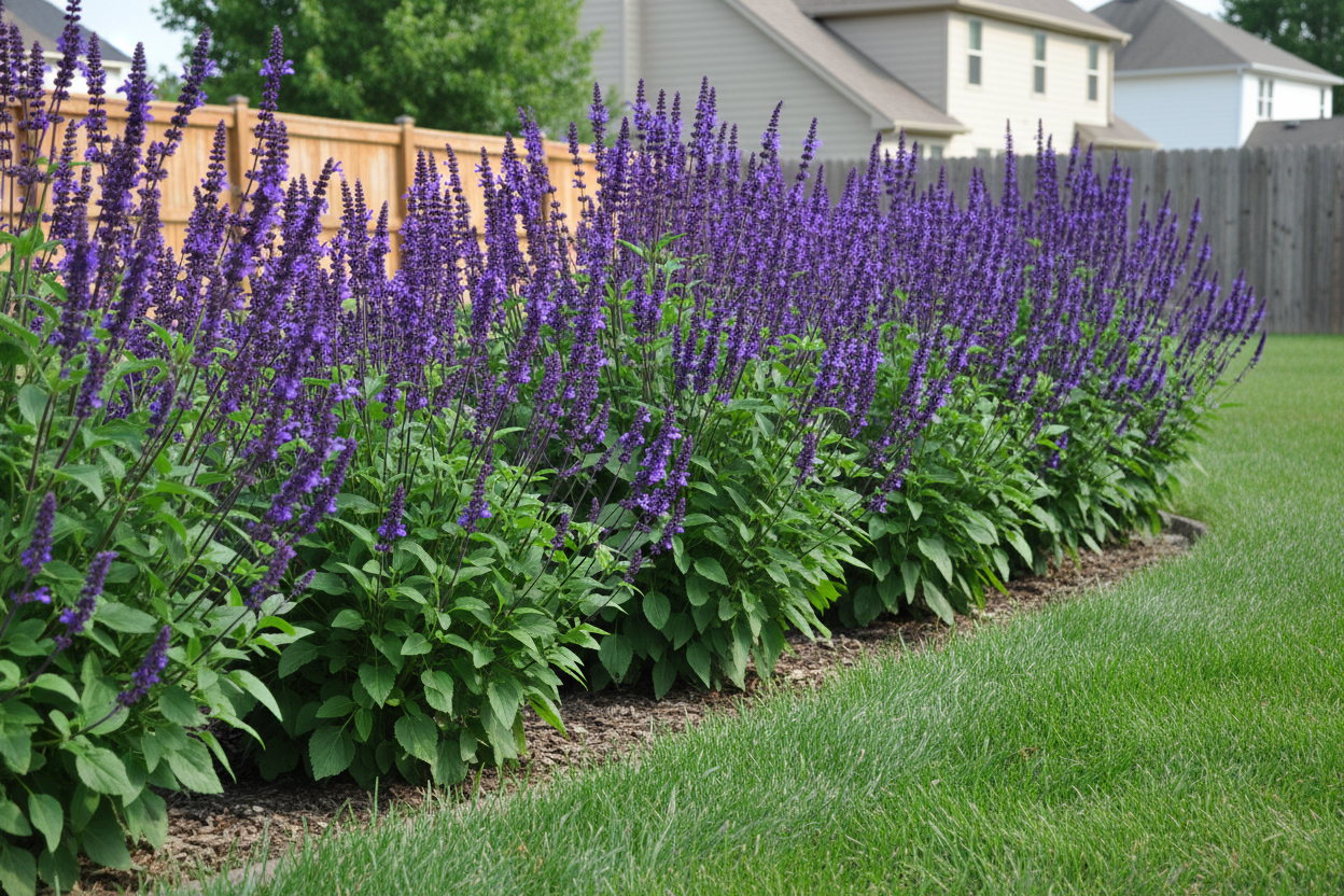 Salvia 'Caradonna' Sage-Meadow perennial plants, as a border, suburban setting,