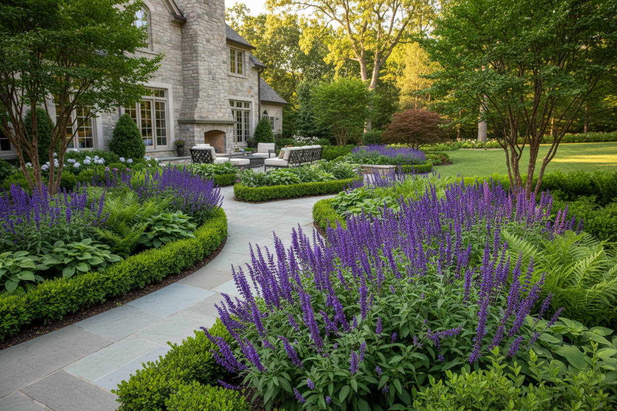Salvia 'may night' perennial plants, upscale suburban garden