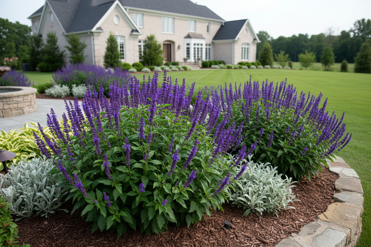 Salvia 'may night' perennial plants, upscale suburban garden