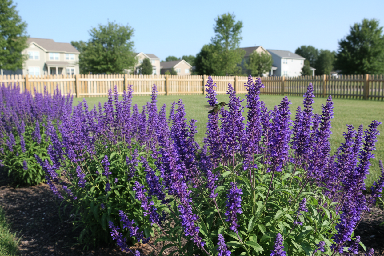 Salvia 'may night' perennial plants with a hummingbird semi suburban setting