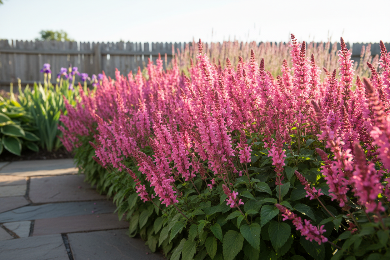 Salvia 'rose marvel' perennial plants as a border, 