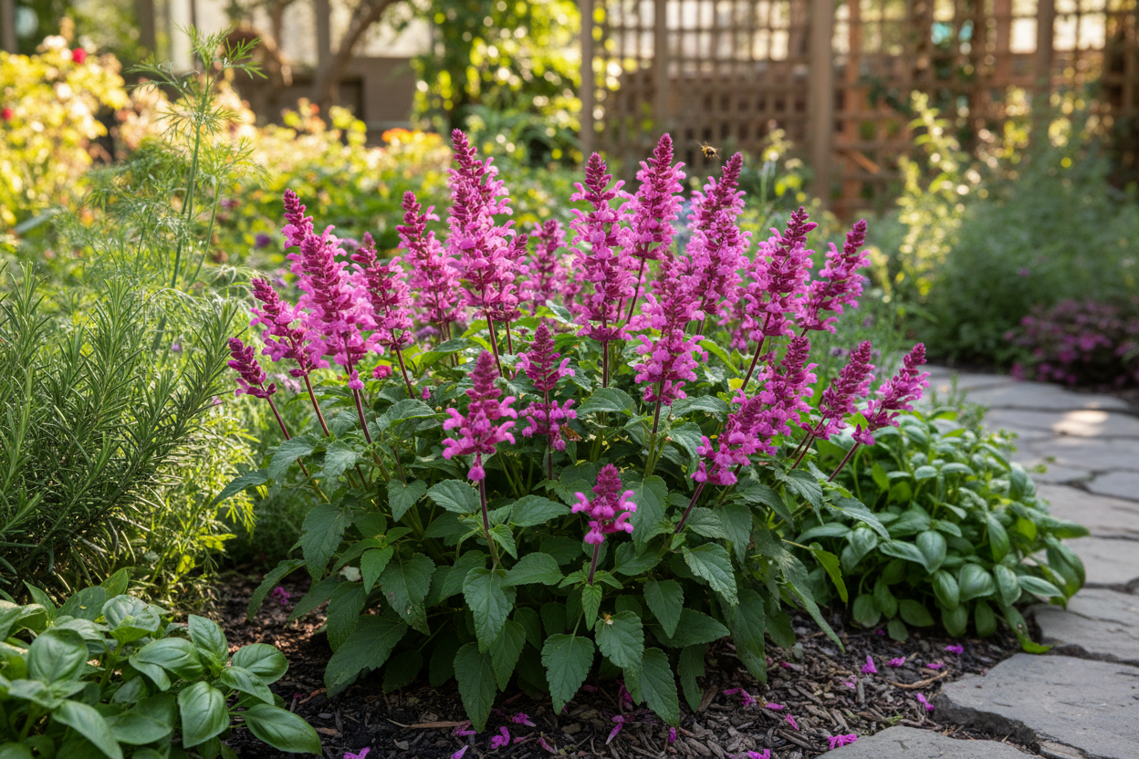 Salvia 'rose marvel' perennial plants in a herb garden
