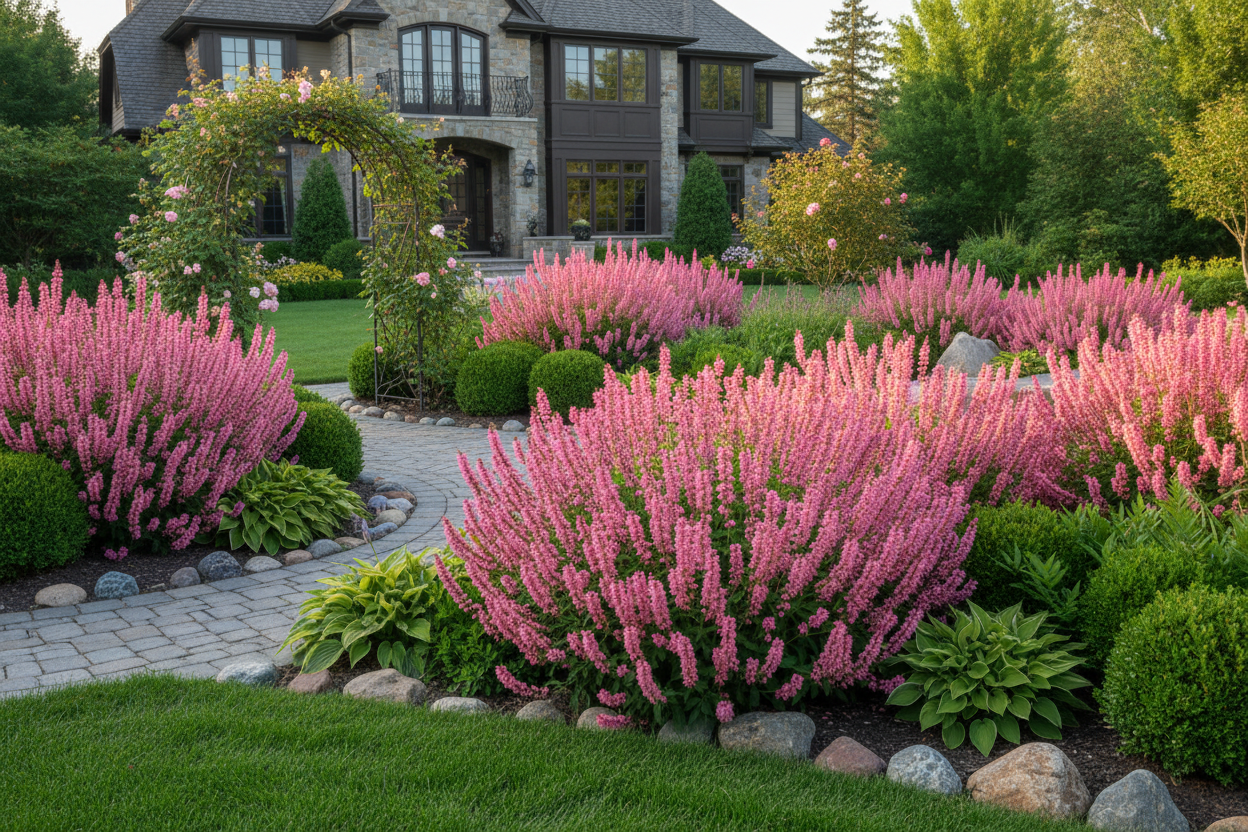 Salvia 'rose marvel' perennial plants, upscale suburban garden