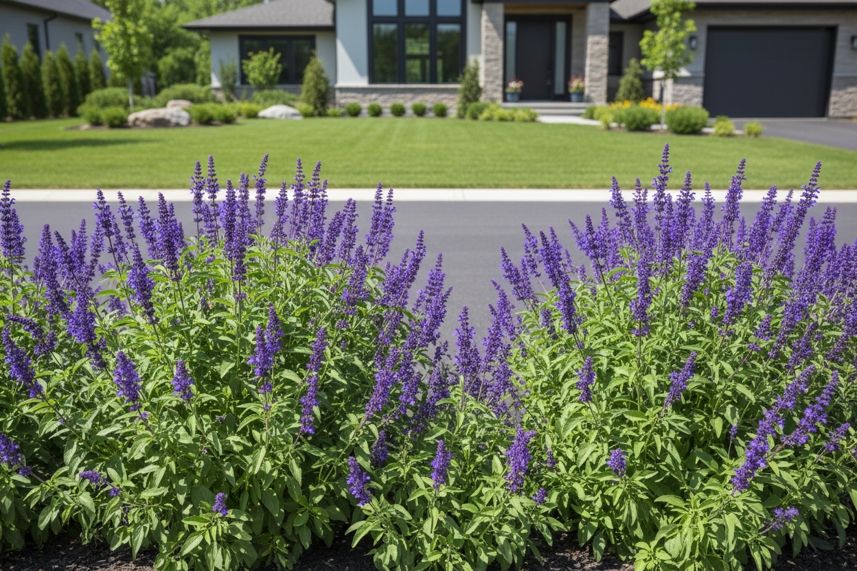 Salvia 'wesuwe' perennial plants, as driveway border, upscale suburban setting