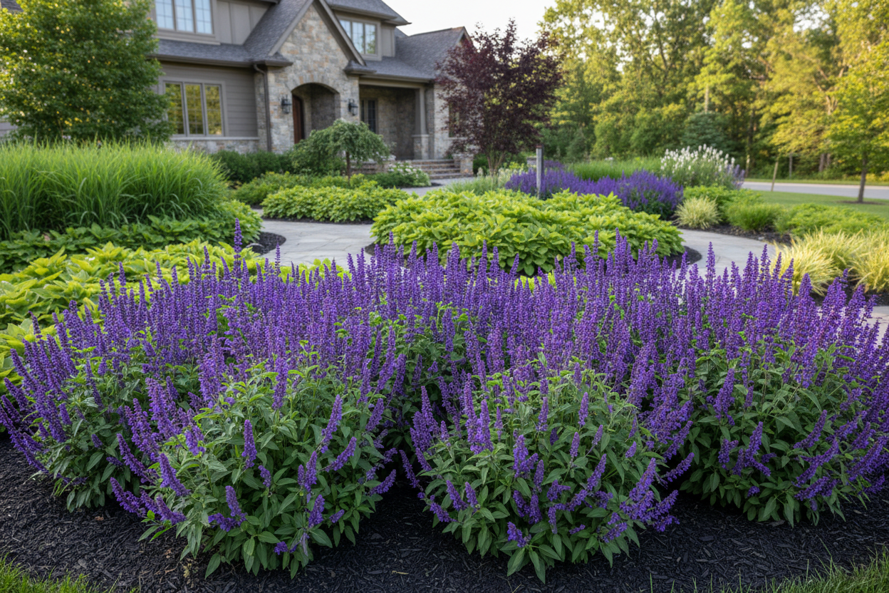 Salvia 'wesuwe' perennial plants, upscale suburban garden