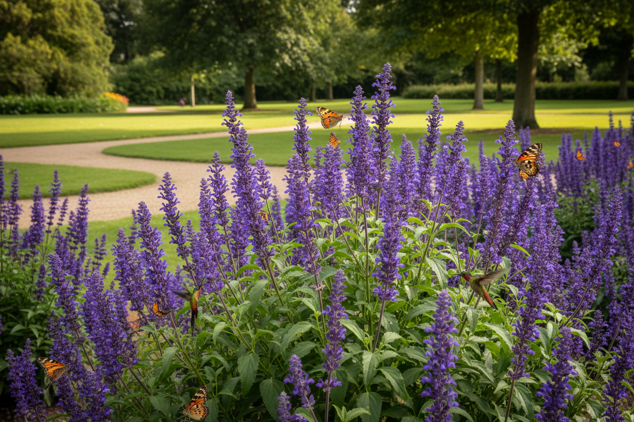Salvia 'Wesuwe' perennial plants with butterflies and hummingbirds in park like setting