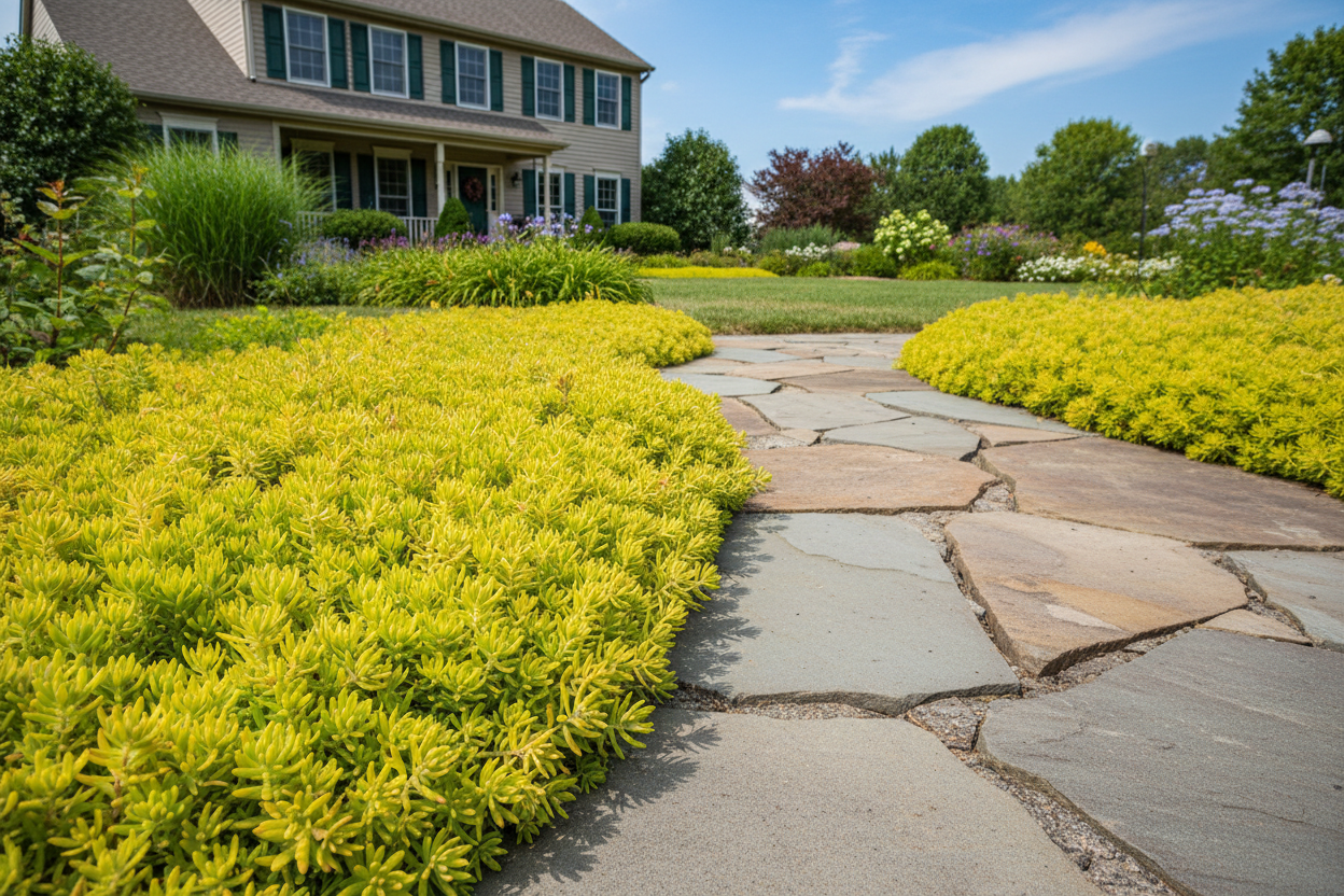 sedum angelina stonecrop perennial groundcover as a path border, suburban setting