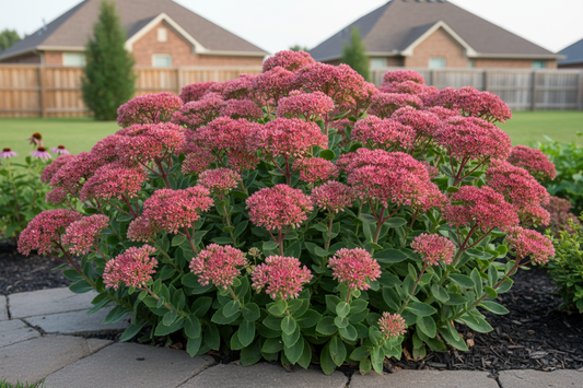 Sedum 'Autumn Fire' perennial plants, suburban setting