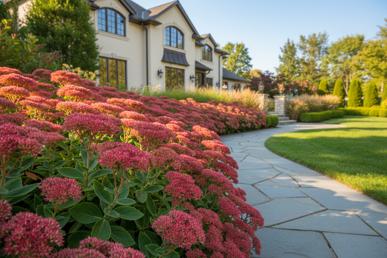 Sedum 'Autumn Fire' Stonecrop perennial plants, as a border, sunny day, upscale neighborhood setting,
