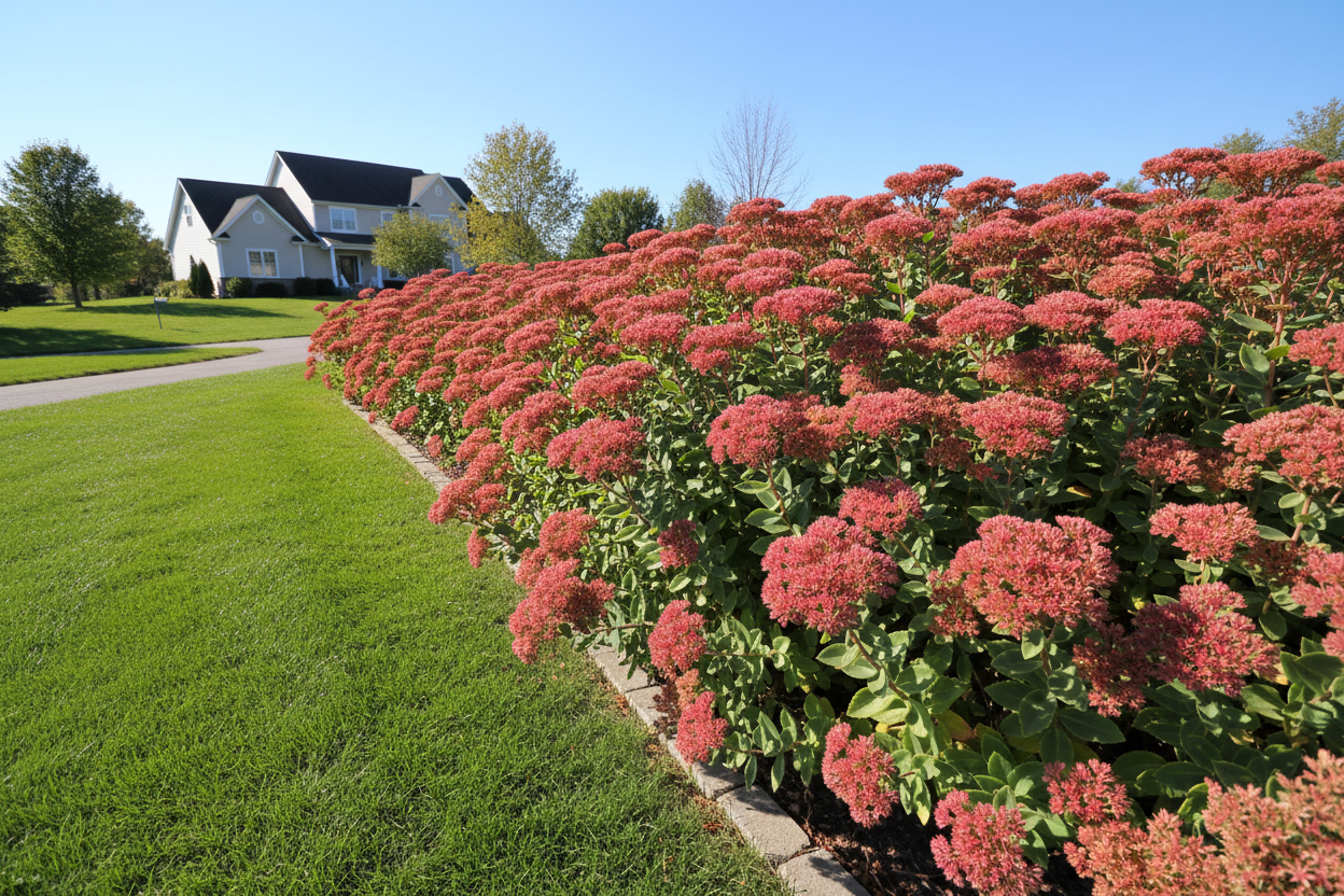 Sedum 'Autumn Fire' Stonecrop perennial plants as a border, sunny suburban setting,