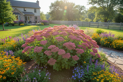 Sedum 'Autumn Fire' Stonecrop perennial plants, as highlight plants in a perennial garden, sunny backyard setting,