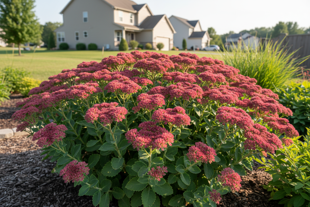 Sedum 'Autumn Fire' Stonecrop perennial plants, sunny suburban setting,