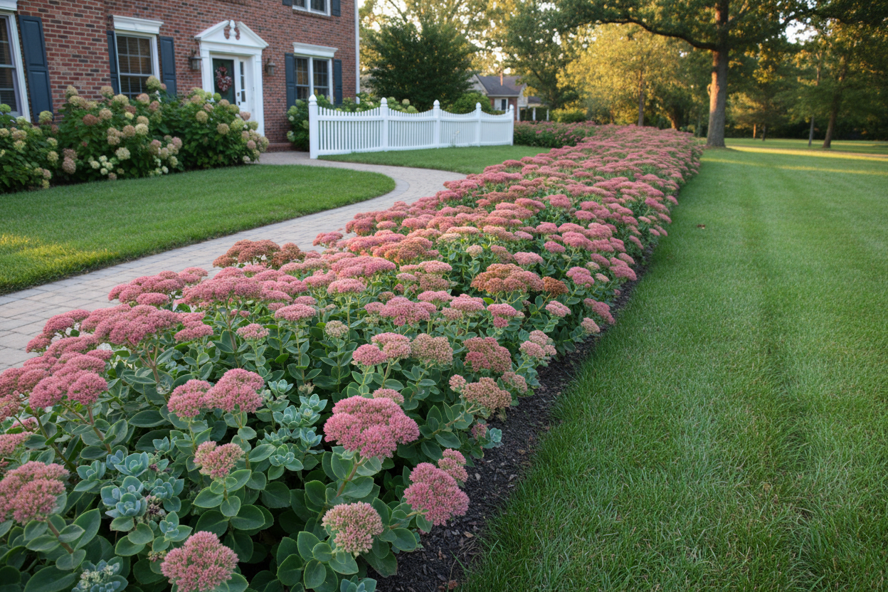Sedum 'Autumn Joy' Stonecrop perennial plants as a border, suburban setting,